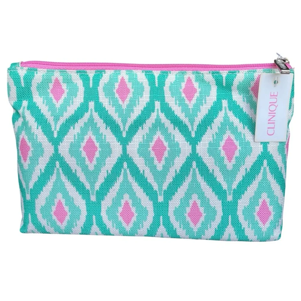 Clinique NWT Pink & Turquoise Ikat Print Cosmetic Makeup Travel Bag